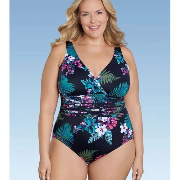 Women's Over the Shoulder One Piece Swimsuit - Aqua Green Multi 18 - Picture 1 of 3